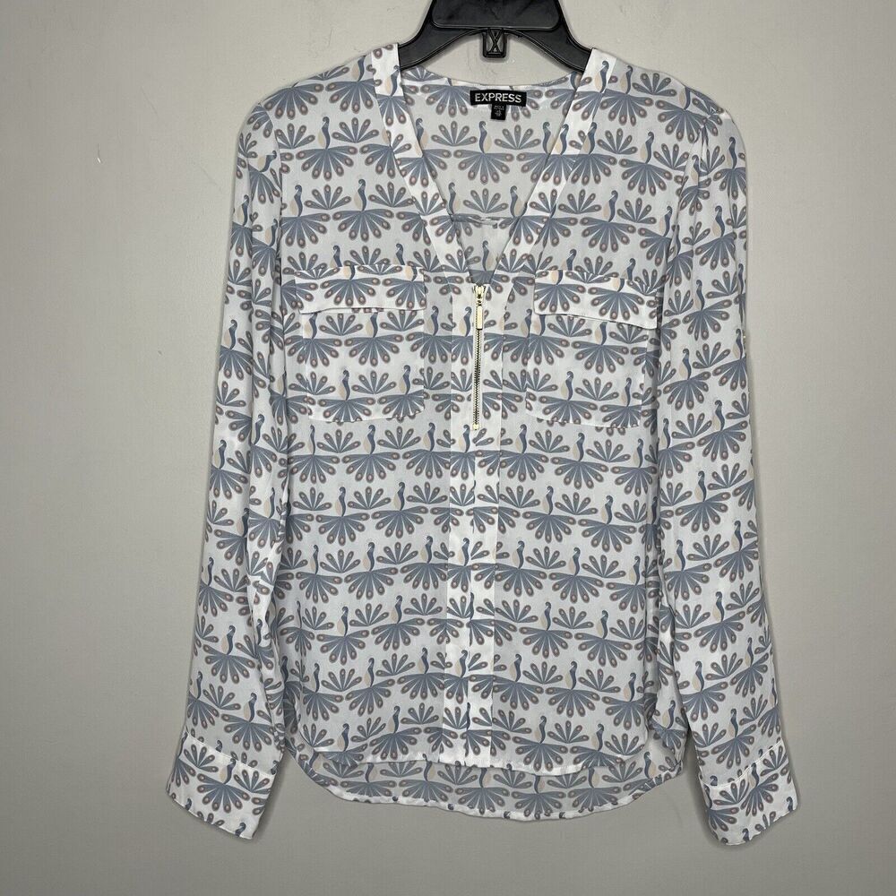 EXPRESS Top Womens XS V-Neck Popover Blouse Long Sleeve Blue Ivory Print